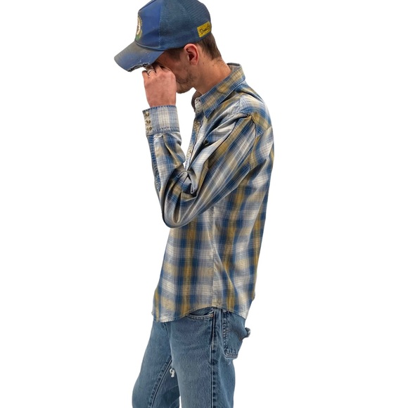 Wrangler Western Shirt Long Sleeve Button Up Pearl Snaps Blue Tan Plaid | Large - Picture 4 of 14